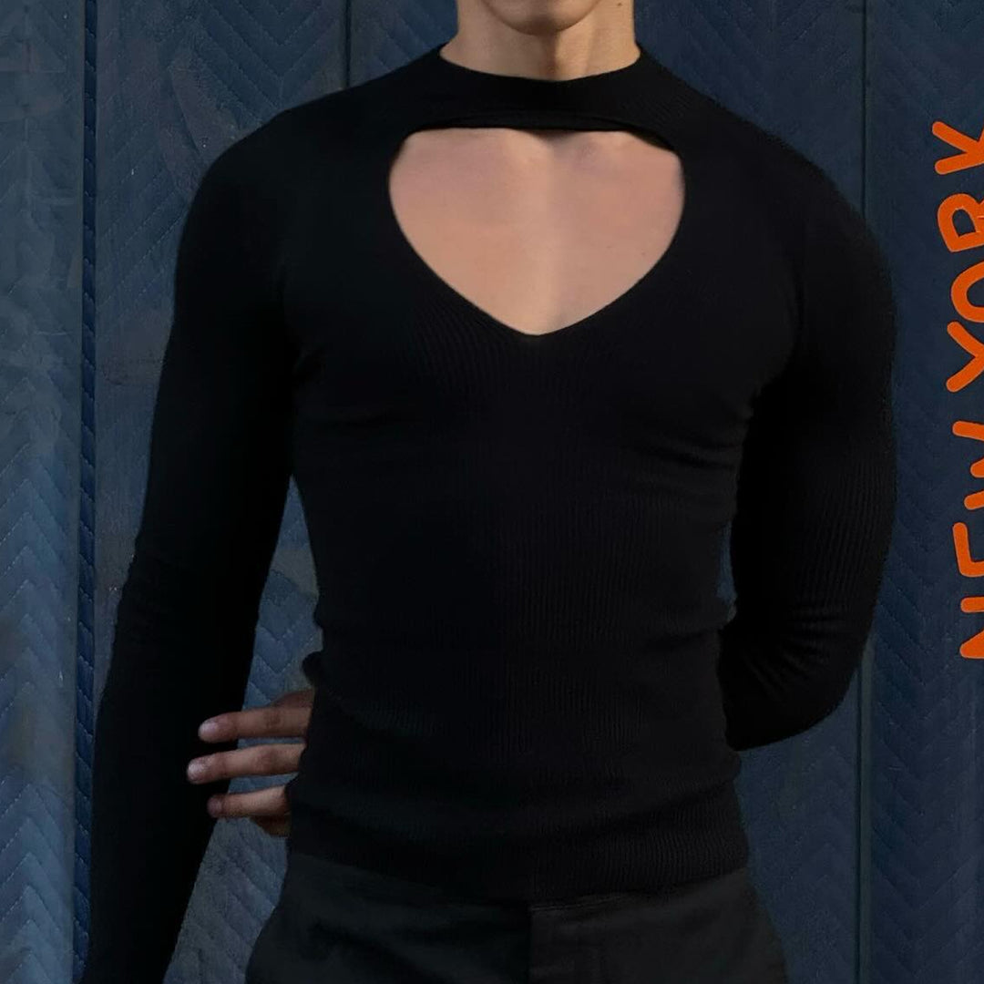 Damen nan figurbetontes Langarm-Top mit Cut-Out und Stehkragen Drune