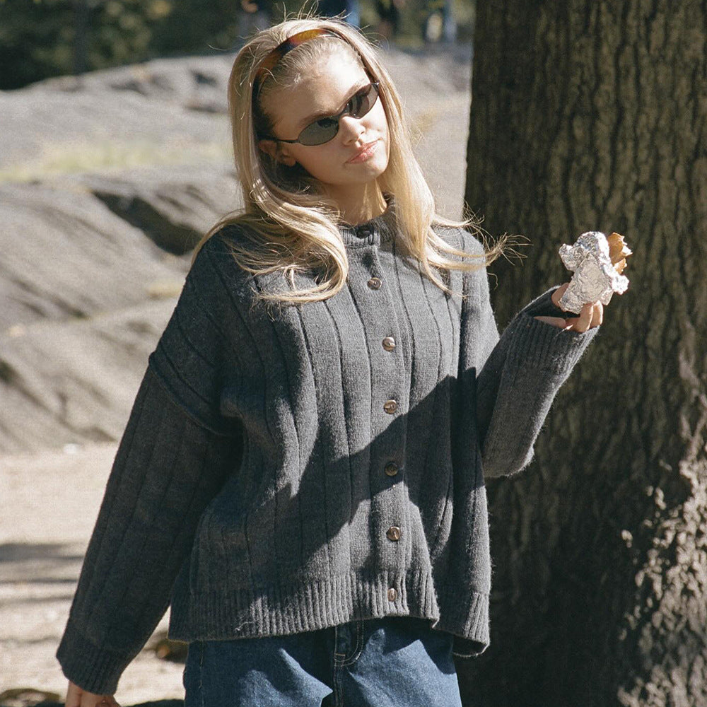 Damen Oversized Strickjacke mit Knopfverschluss Drune