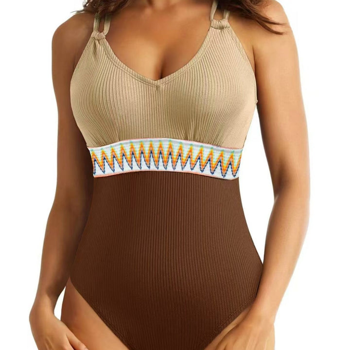 Damen Sportlicher Badeanzug mit modischem V-Ausschnitt und buntem Ethno-Muster Drune