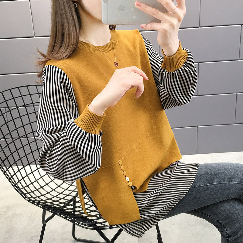 Damen Layered Sweatshirt mit gestreiften Ärmeln und Knopfdetails Drune