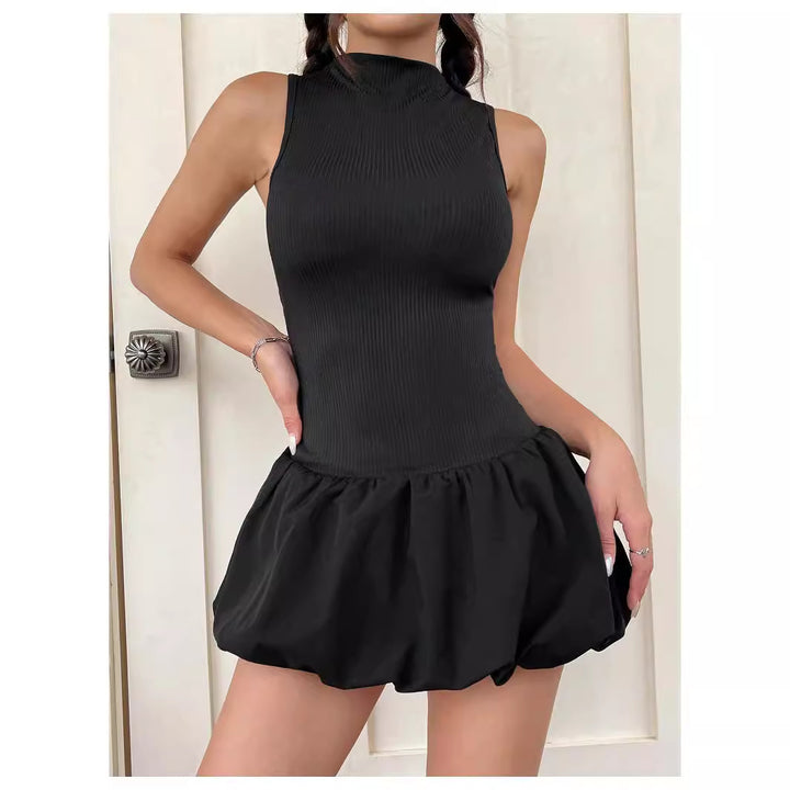Damen trendiges Mini-Kleid mit hohem Kragen und voluminösem Rock Drune