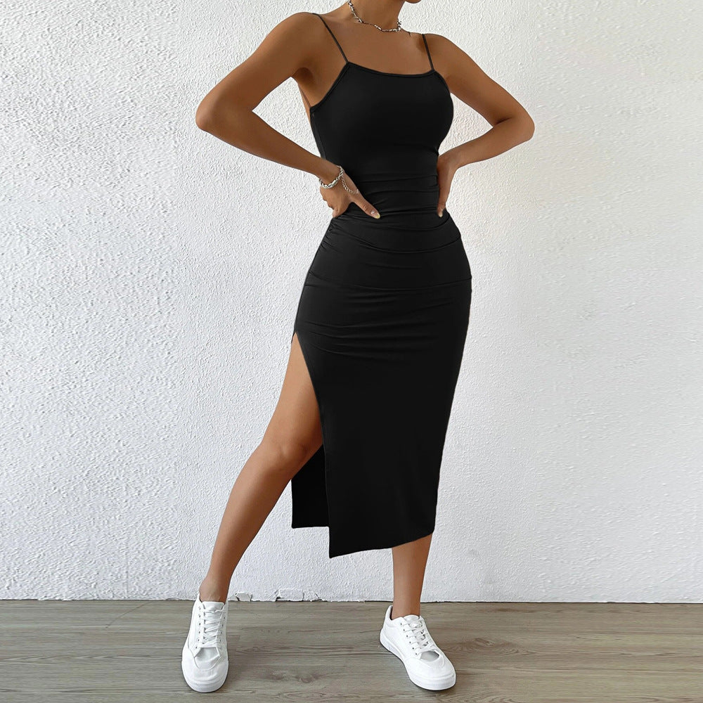 Damen Maxikleid mit schmalen Spaghettiträgern und seitlichem Schlitz Drune