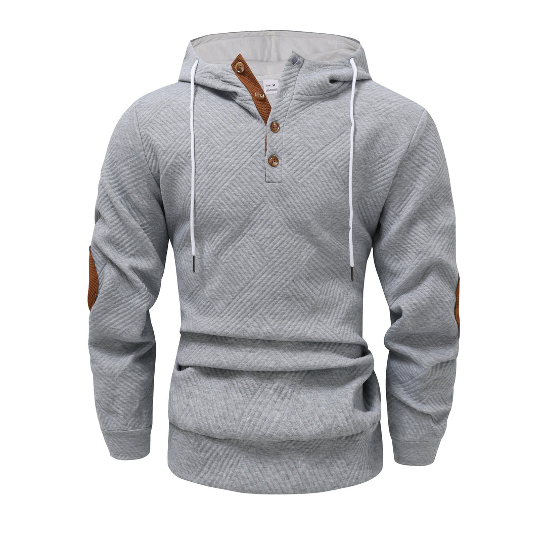 Herren nan strukturierter Kapuzenpullover im Henley-Stil mit Kontrastbesatz und Ellenbogenaufnähern Drune