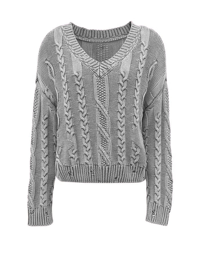 Damen Strickpullover mit Zopfmuster und V-Ausschnitt Drune