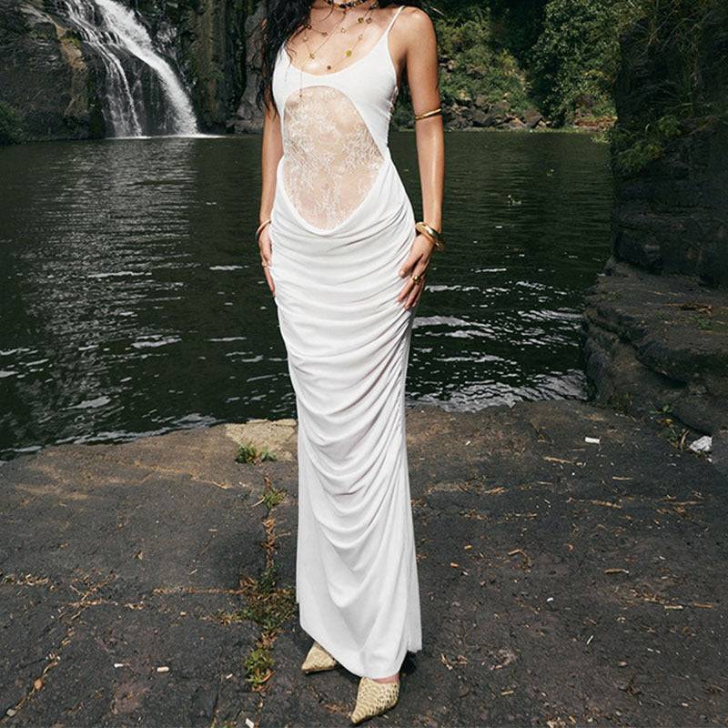 Damen Elegantes langes Kleid mit transparentem Spitzenbesatz und raffinierten Drapierungen Drune