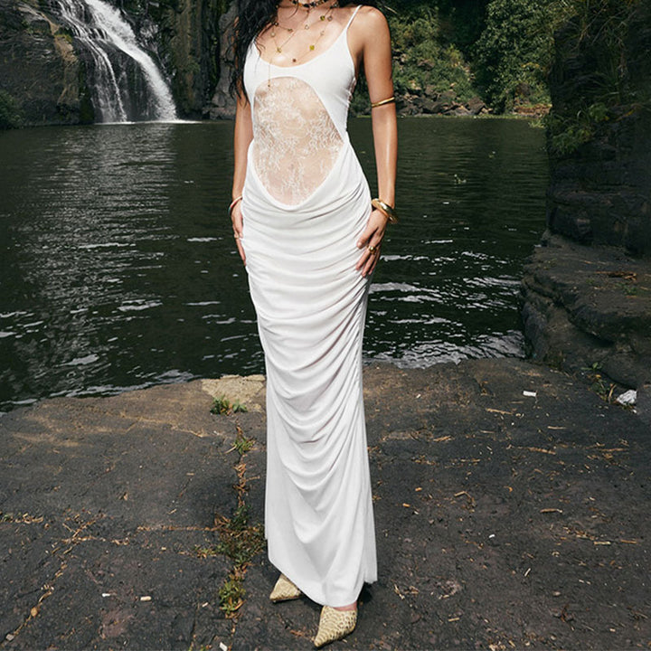 Damen Elegantes langes Kleid mit transparentem Spitzenbesatz und raffinierten Drapierungen Drune