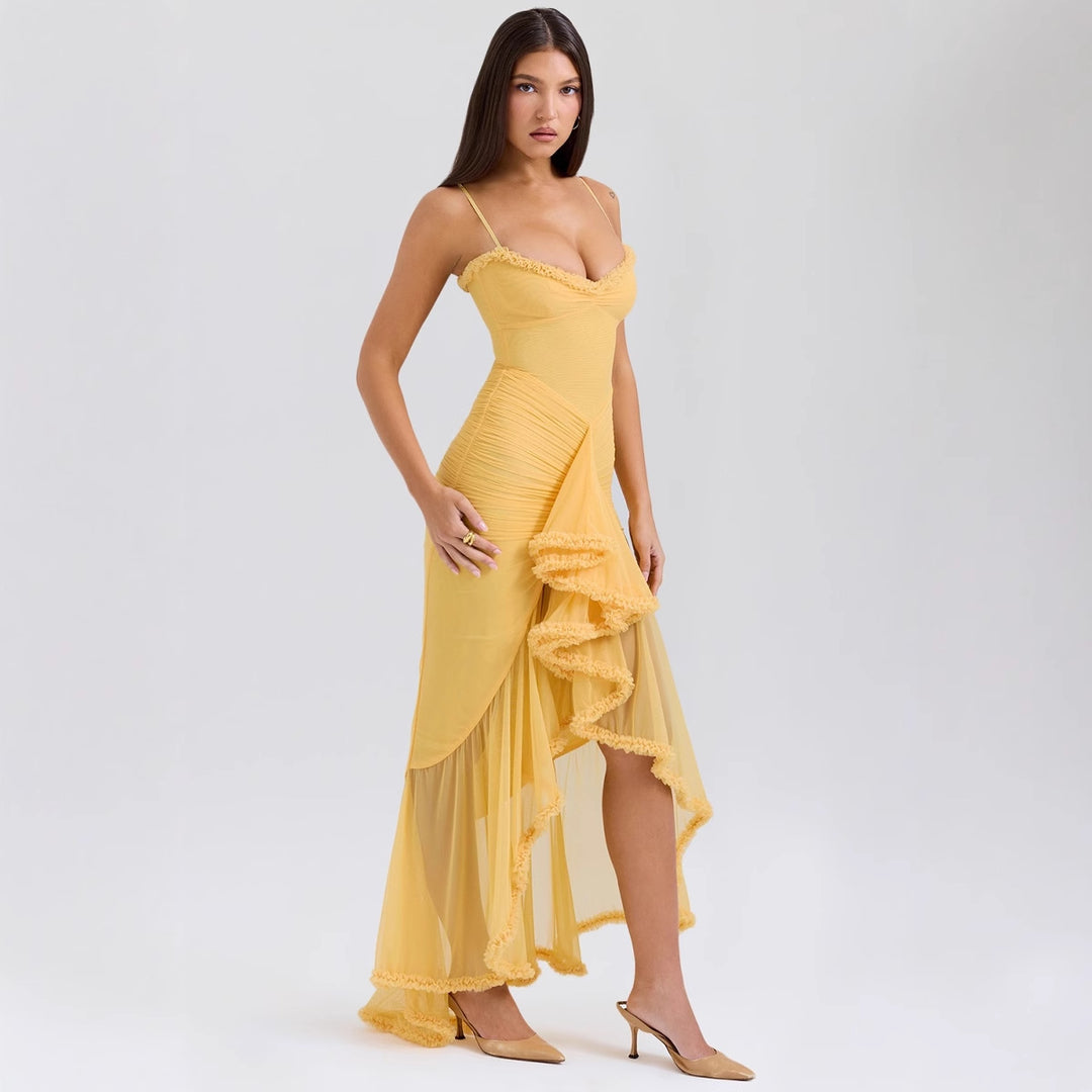 Damen Elegantes Maxikleid mit Rüschendetails und figurbetonendem Schnitt Drune