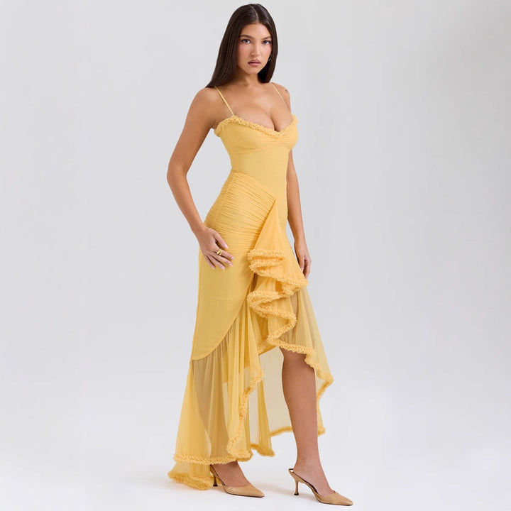 Damen Elegantes Maxikleid mit Rüschendetails und figurbetonendem Schnitt Drune