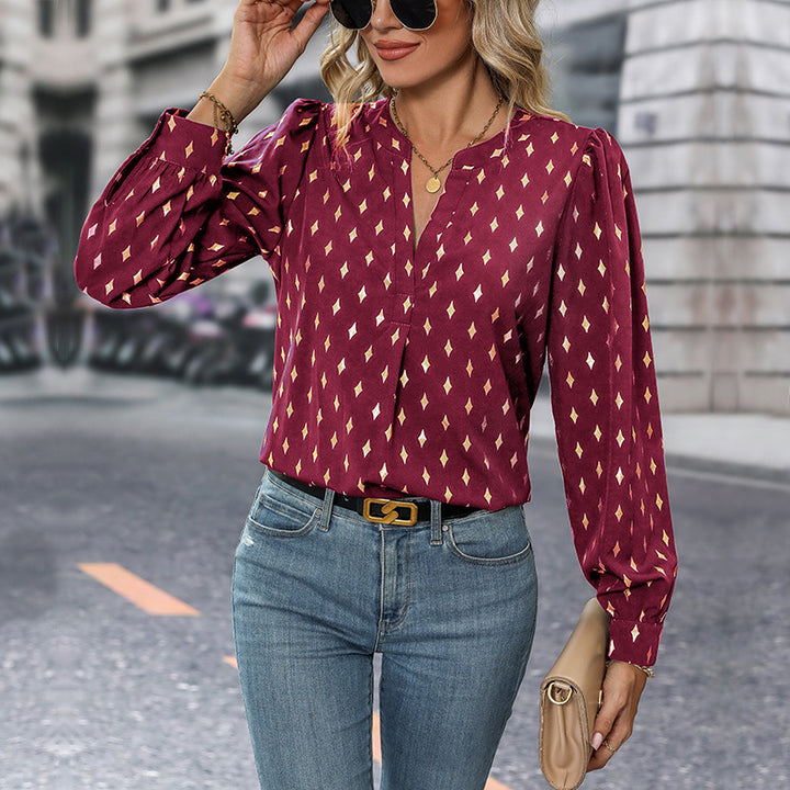 Damen elegante Bluse mit Rüschendetails und funkelndem Druck Drune