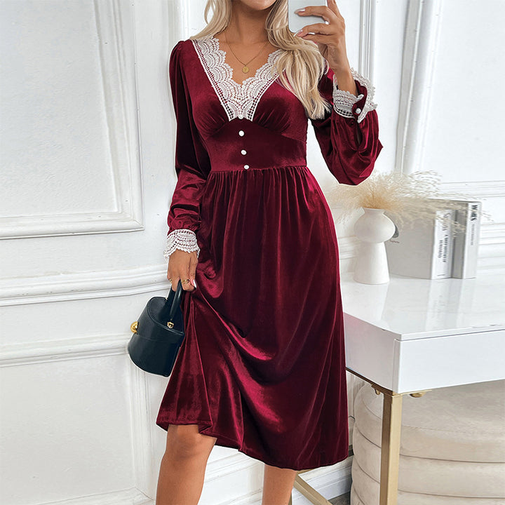 Damen elegantes Samtkleid mit Spitzenapplikationen und Knopfdetails Drune