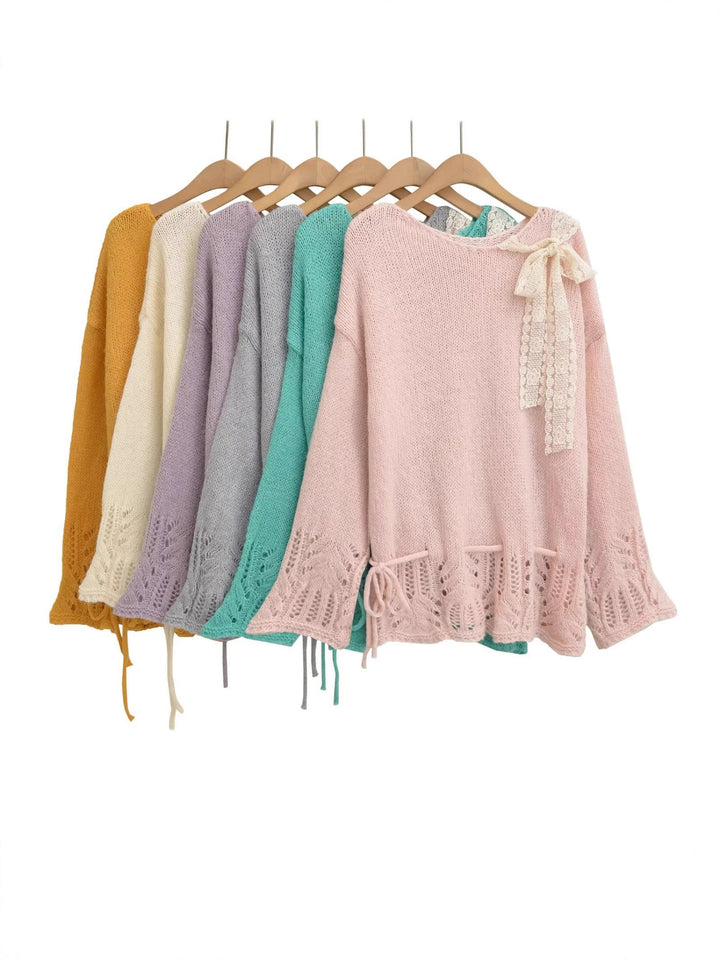 Damen stylisches Strickoberteil mit eleganter Raffinesse und Bindebändern Drune