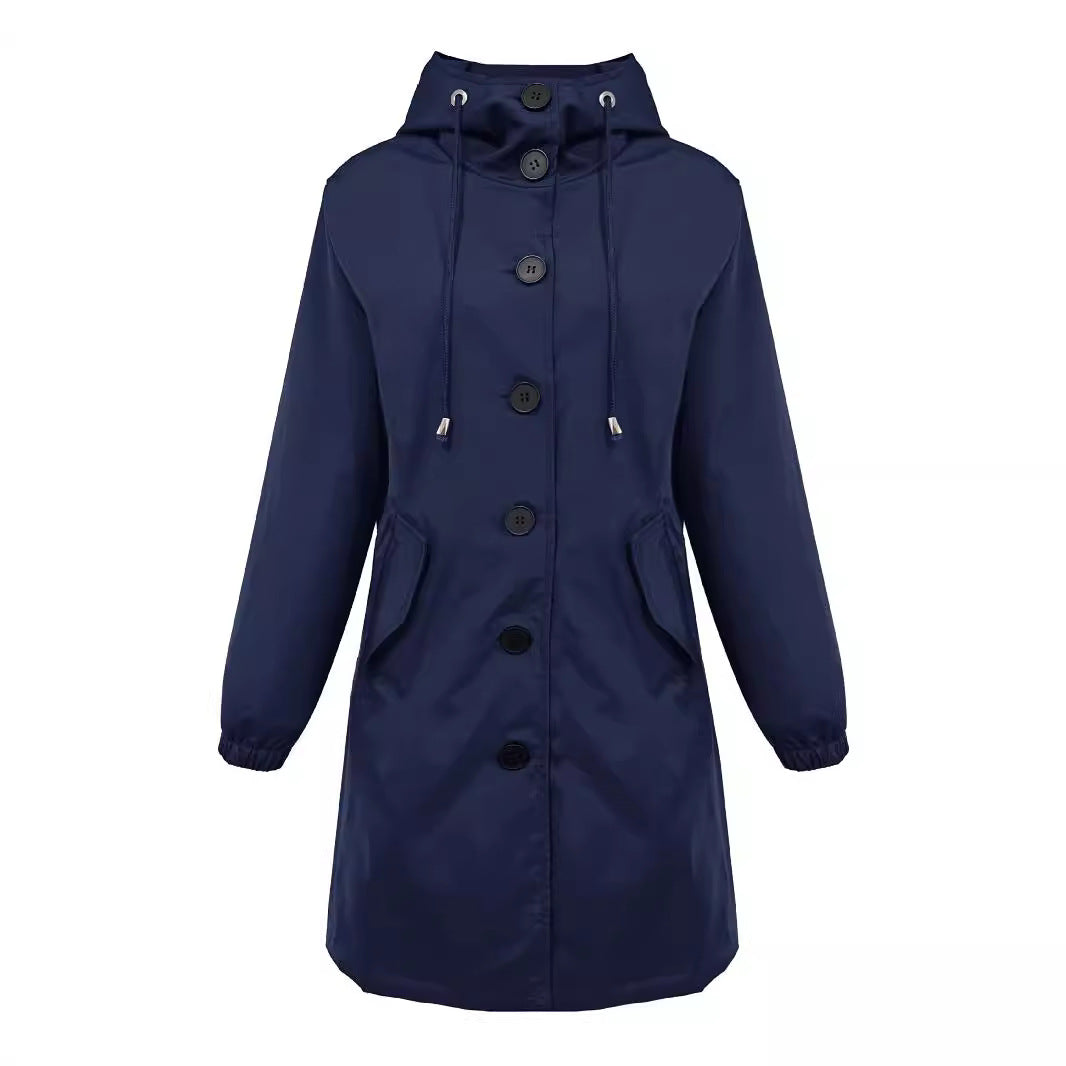 Damen nan leichter Regenparka mit Kapuze, überlanger Knopfleiste, Tunnelzug und aufgesetzten Taschen Drune