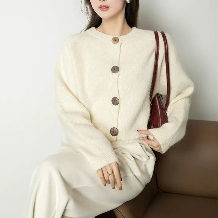 Damen gemütliche Strickjacke mit großen Knöpfen und hohen Kragen Drune