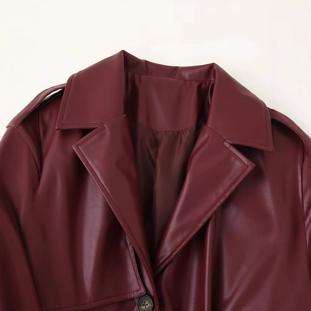 Damen eleganter Kunstleder-Trenchcoat mit Gürtel Drune