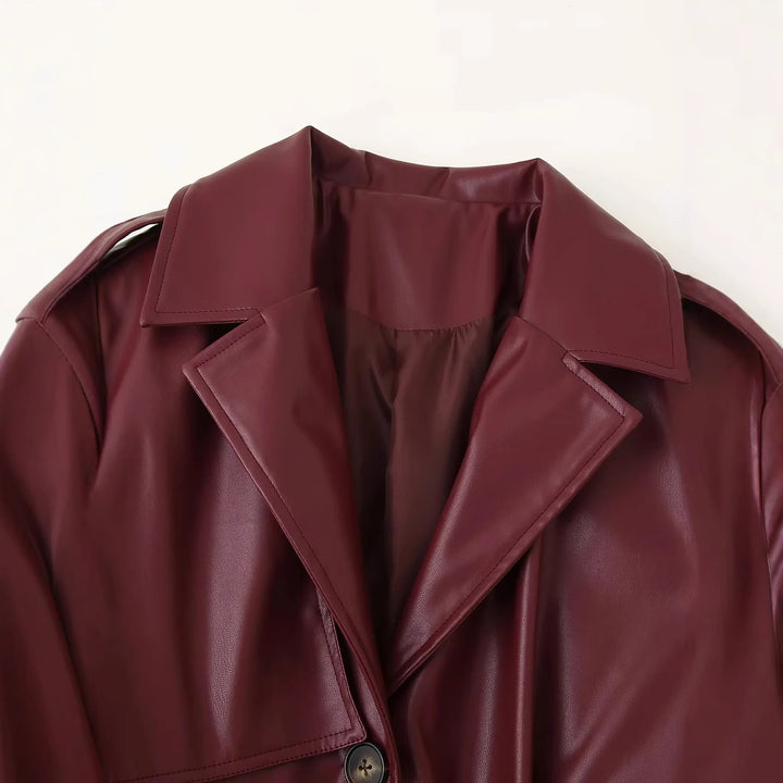Damen eleganter Kunstleder-Trenchcoat mit Gürtel Drune