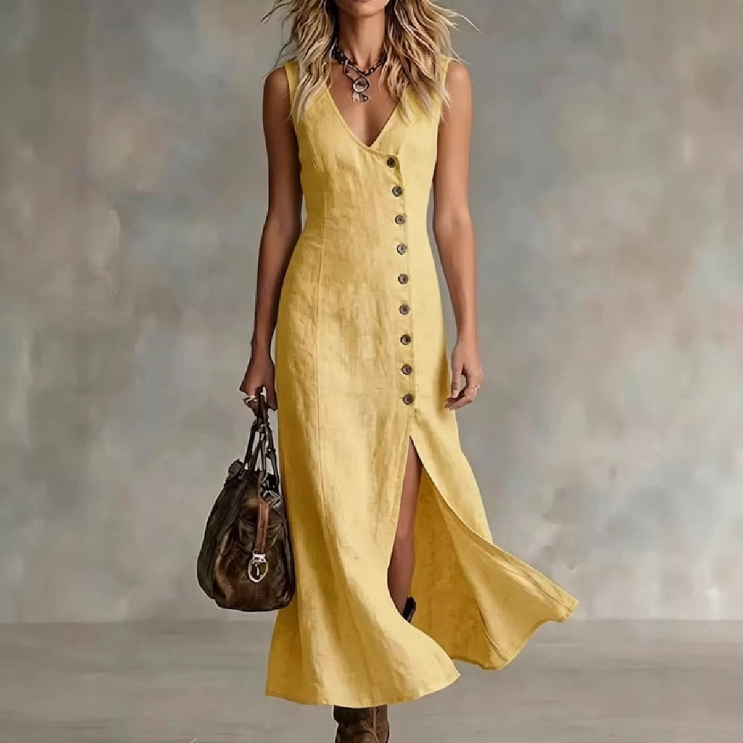 Damen Maxikleid mit elegantem V-Ausschnitt und seitlichem Schlitz Drune