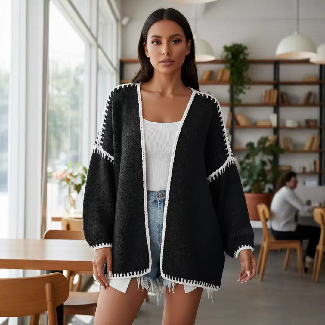 Damen Offene Strickjacke mit eleganten Kontrastnähten Drune