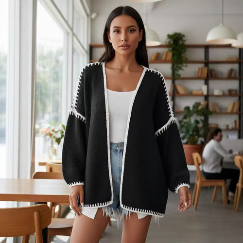 Damen Offene Strickjacke mit eleganten Kontrastnähten Drune