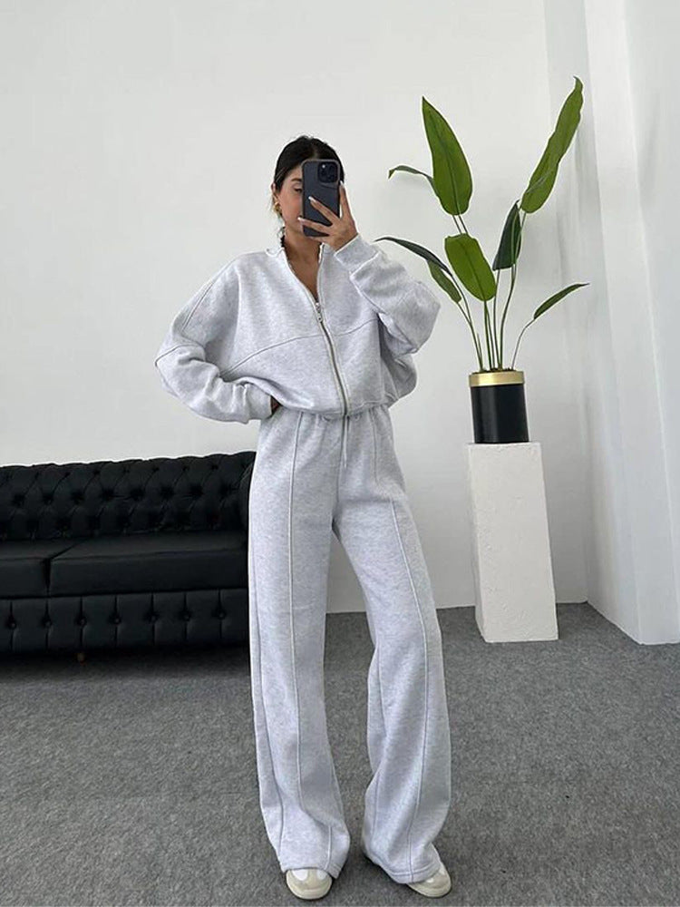 Damen nan Oversize Reißverschlussjacke mit weiter High-Waist Loungehose Set Drune