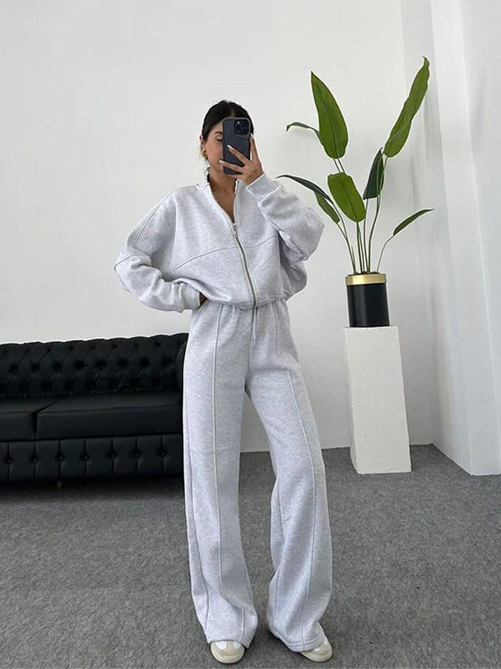 Damen nan Oversize Reißverschlussjacke mit weiter High-Waist Loungehose Set Drune