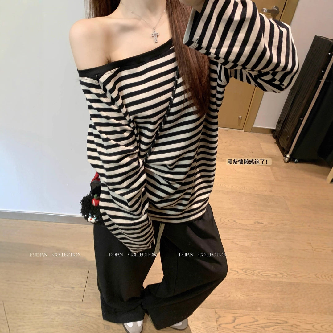 Damen lässiges Oversized-Off-Shoulder Langarmshirt mit Streifenmuster Drune