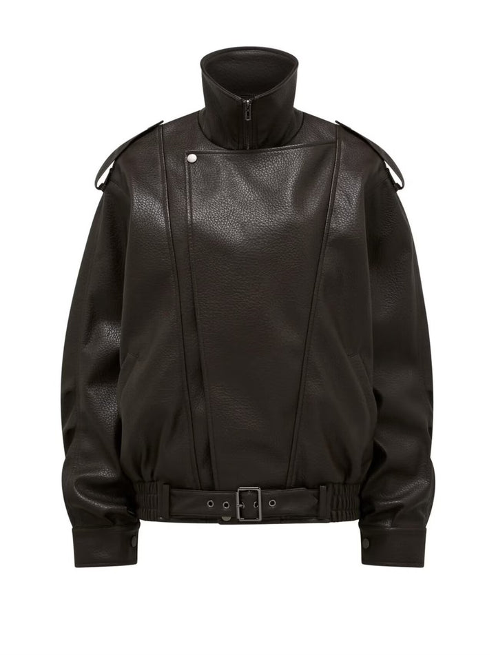 Damen lässige Kunstleder Bikerjacke mit praktischen Taschen und elastischem Bund Drune