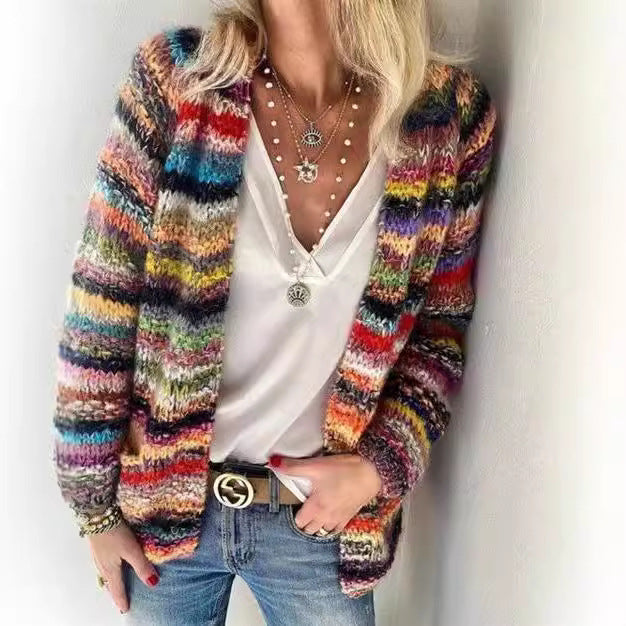 Damen Offen gestrickte Cardigan mit bunten Streifen und lässigem Schnitt Drune