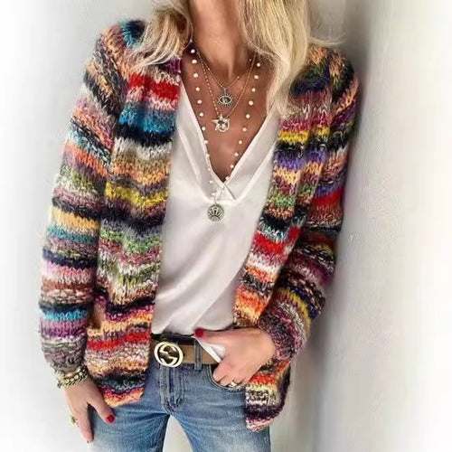 Damen Offen gestrickte Cardigan mit bunten Streifen und lässigem Schnitt Drune