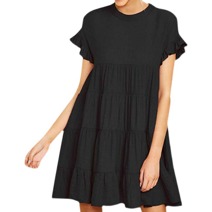 Damen luftiges Kurzarm Kleid mit Rüschendetails und fließendem Schnitt Drune