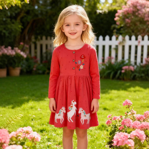 Mädchen Kleid mit bunten Einhorn- und Blumenstickereien Drune