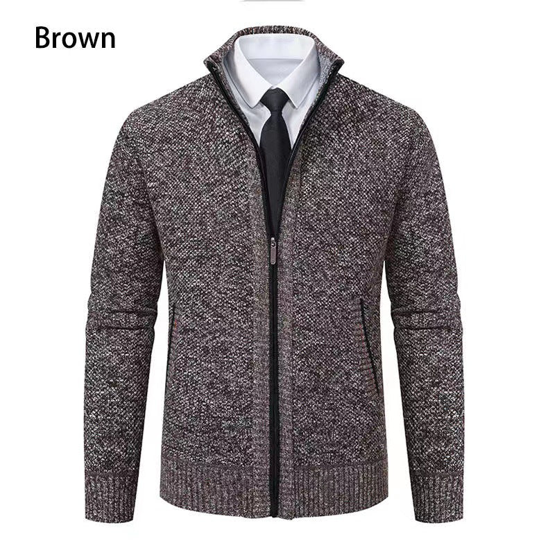 Herren nan melierte Strickzipjacke mit hohem Stehkragen, feiner Struktur und verdeckten Eingrifftaschen Drune