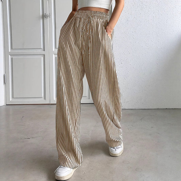 Damen weit geschnittene gestreifte Hose mit elastischem Bund und praktischen Taschen Drune