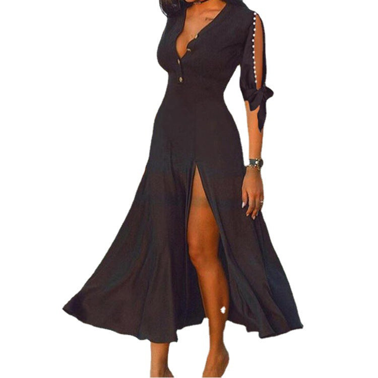 Damen Maxikleid mit elegantem V-Ausschnitt und hohem Schlitz Drune