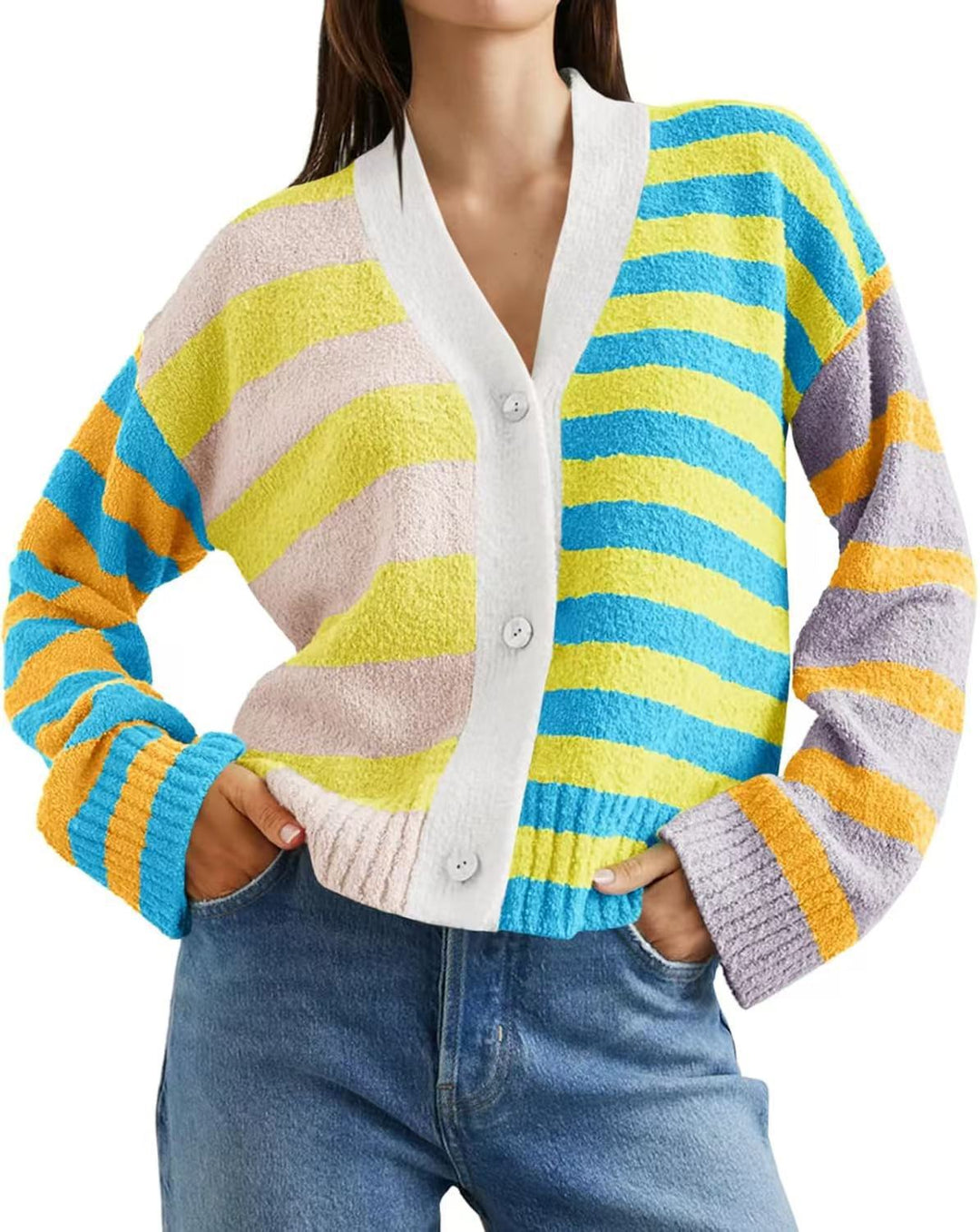 Damen Gemusterte Strickjacke mit farbenfrohem Streifenmuster und Knopfdetails Drune