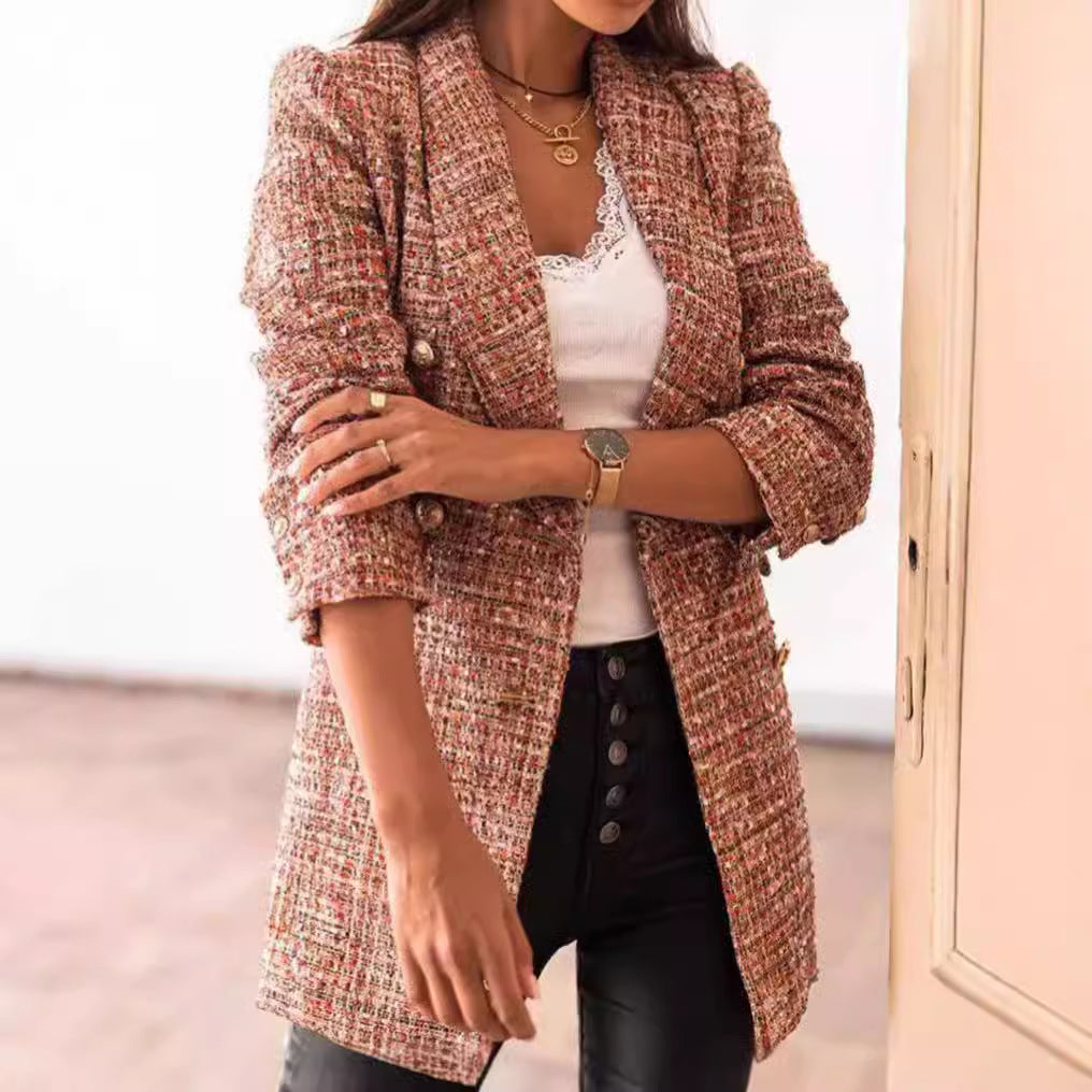 Damen nan taillierter kariert langer Blazer mit Doppelreiher und Schulterpolstern Drune