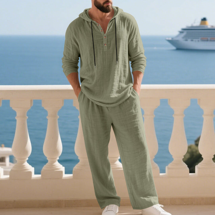 Herren lässiges Leinen-Hoodie-Set mit praktischen Taschen und entspannter Passform Drune