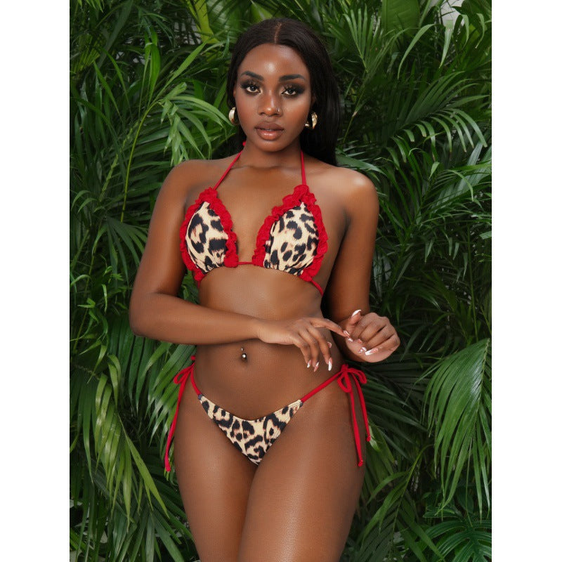 Damen Triangel-Bikini mit modischen Rüschendetails und aufregendem Tiermuster Drune