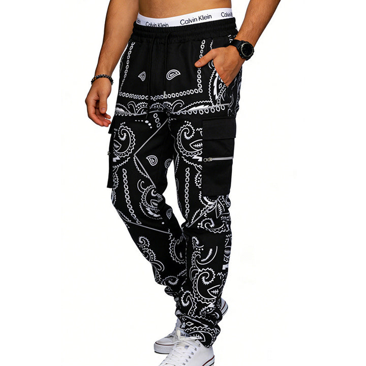Herren nan Cargo-Jogginghose mit Paisley-Muster, elastischem Bund, multiple Reißverschluss- und Klappentaschen Drune