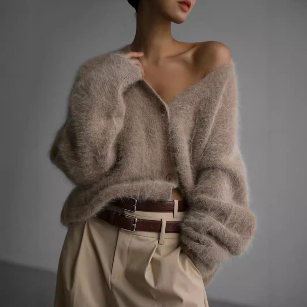 Damen weicher Strickcardigan mit luxuriösem Mohair-Anteil und lässigem Schnitt Drune