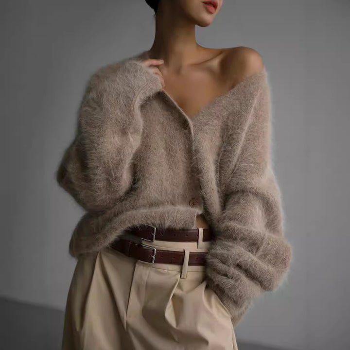 Damen weicher Strickcardigan mit luxuriösem Mohair-Anteil und lässigem Schnitt Drune