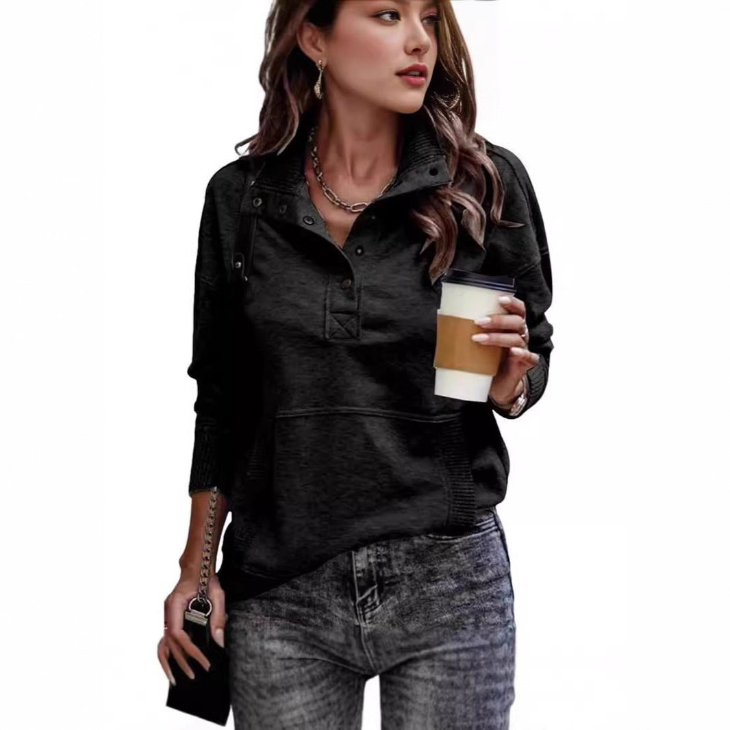 Damen sportlicher Pullover im Vintage-Style mit Stehkragen und Druckknöpfen Drune