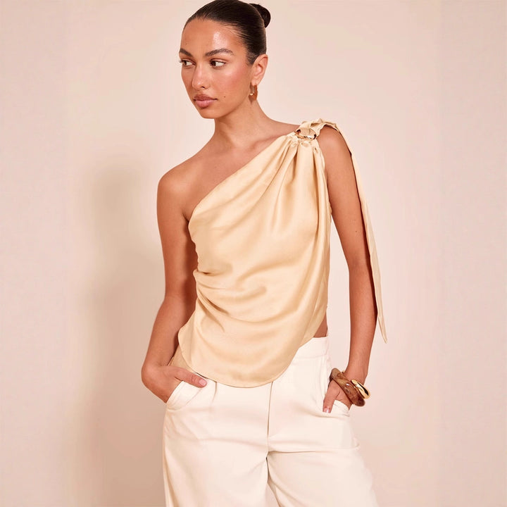 Damen asymmetrisches Satin-Oberteil mit drapiertem Abschluss Drune