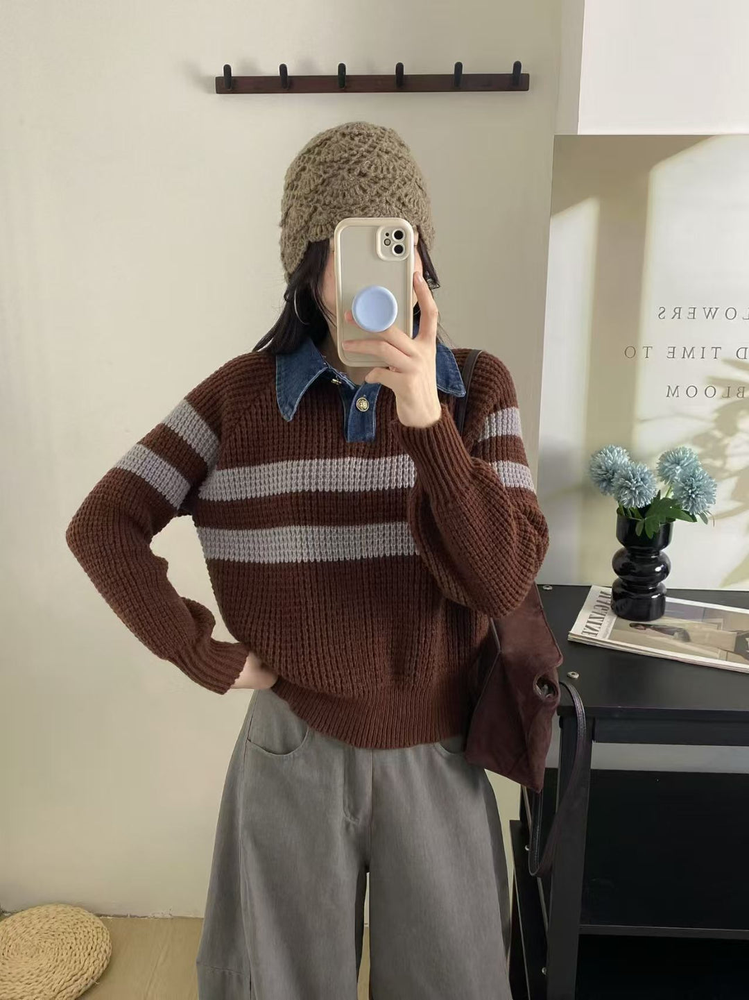 Damen lässiger Strickpullover mit Kragen und gestreiftem Design Drune