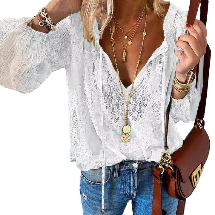 Damen Elegante und feminine Bluse mit V-Ausschnitt und Spitzenakzenten Drune
