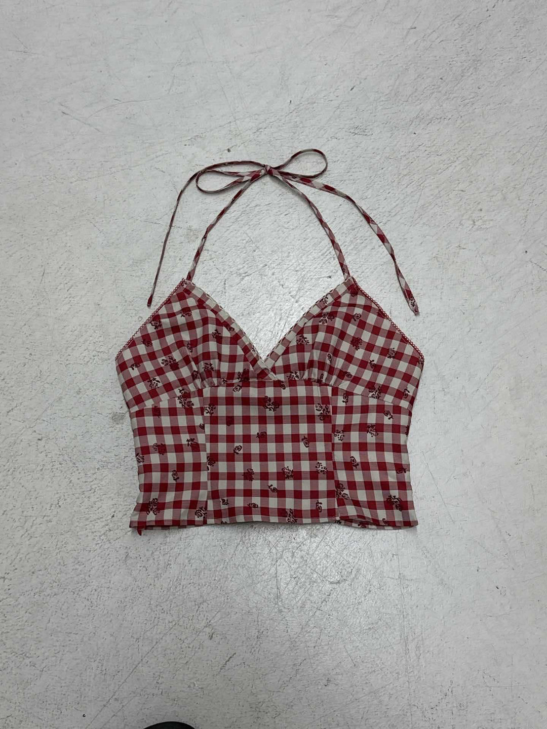 Damen Karo-Bikini-Oberteil im Vintage-Stil mit Spaghettiträgern und zusätzlichem Blumenmuster Drune