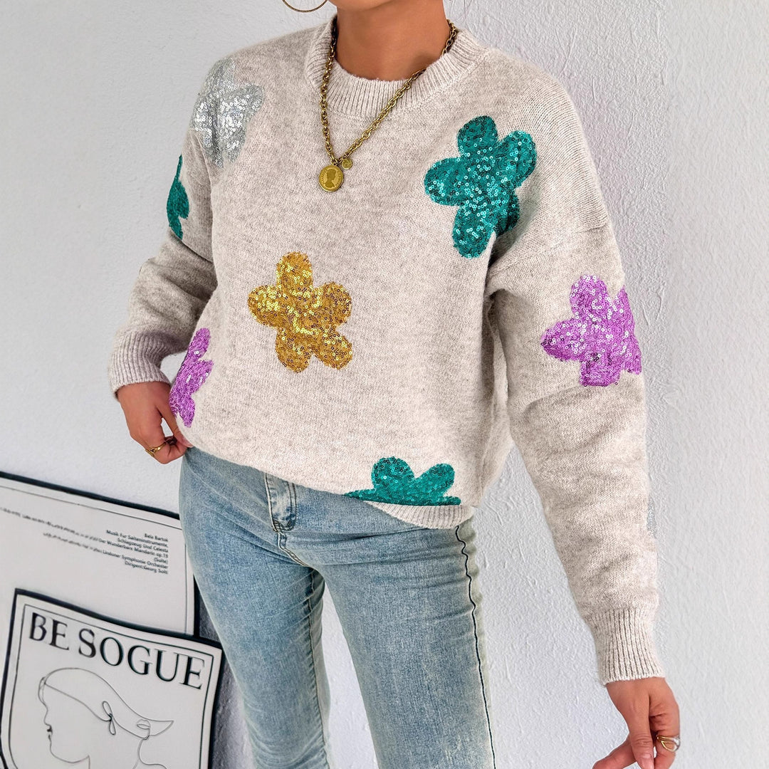Damen Strickpullover mit glitzernden Blütenapplikationen Drune
