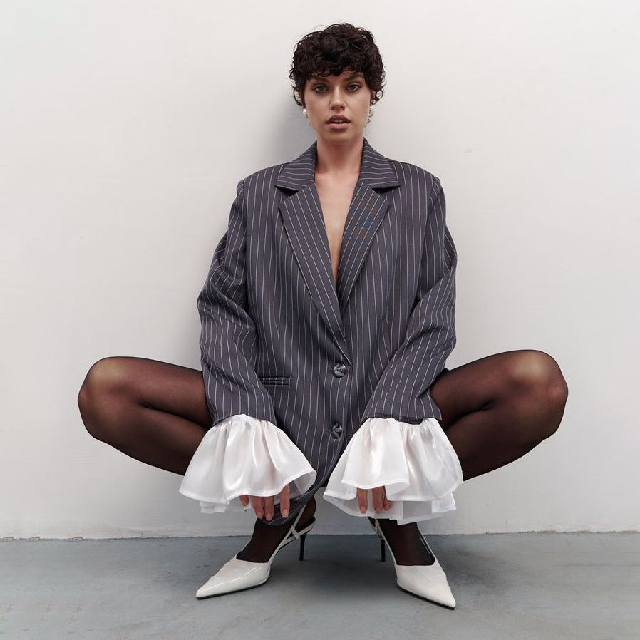 Damen Blazer im eleganten Streifenlook mit voluminösen Ärmeln Drune