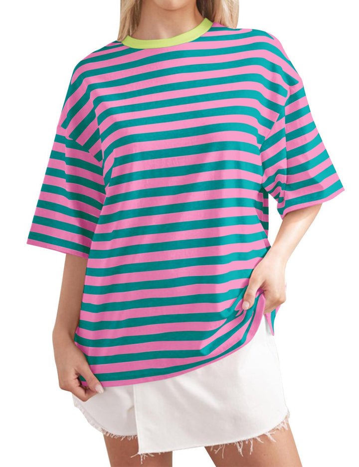 Damen Oversized gestreiftes T-Shirt mit Rundhalsausschnitt und kurzen Ärmeln Drune