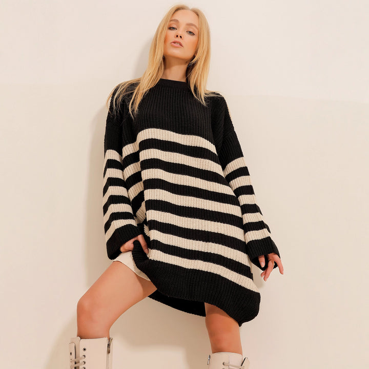 Damen lässiger Strickpullover mit gestreiftem Design und überschnittenen Schultern Drune