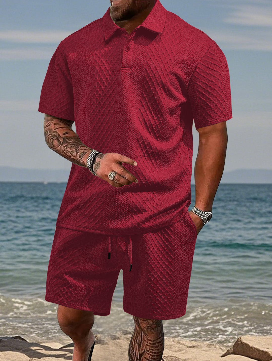 Herren nan geprägtes Strand-Ensemble mit offenem Kurzarm-Hemd und Kordel-Bermuda Drune